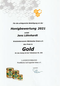 Urkunde - Gold - Honigbewertung 2021